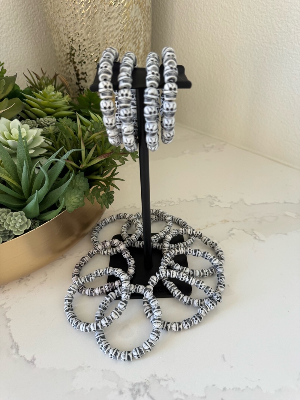 Black & White Resin Skull Bead Stretch Bracelets - Set of 13